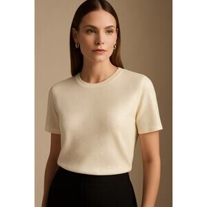 ST. JOHN Caviar Sequin Crew Neck Top Cream Womens M Casual Embellished Shimmer